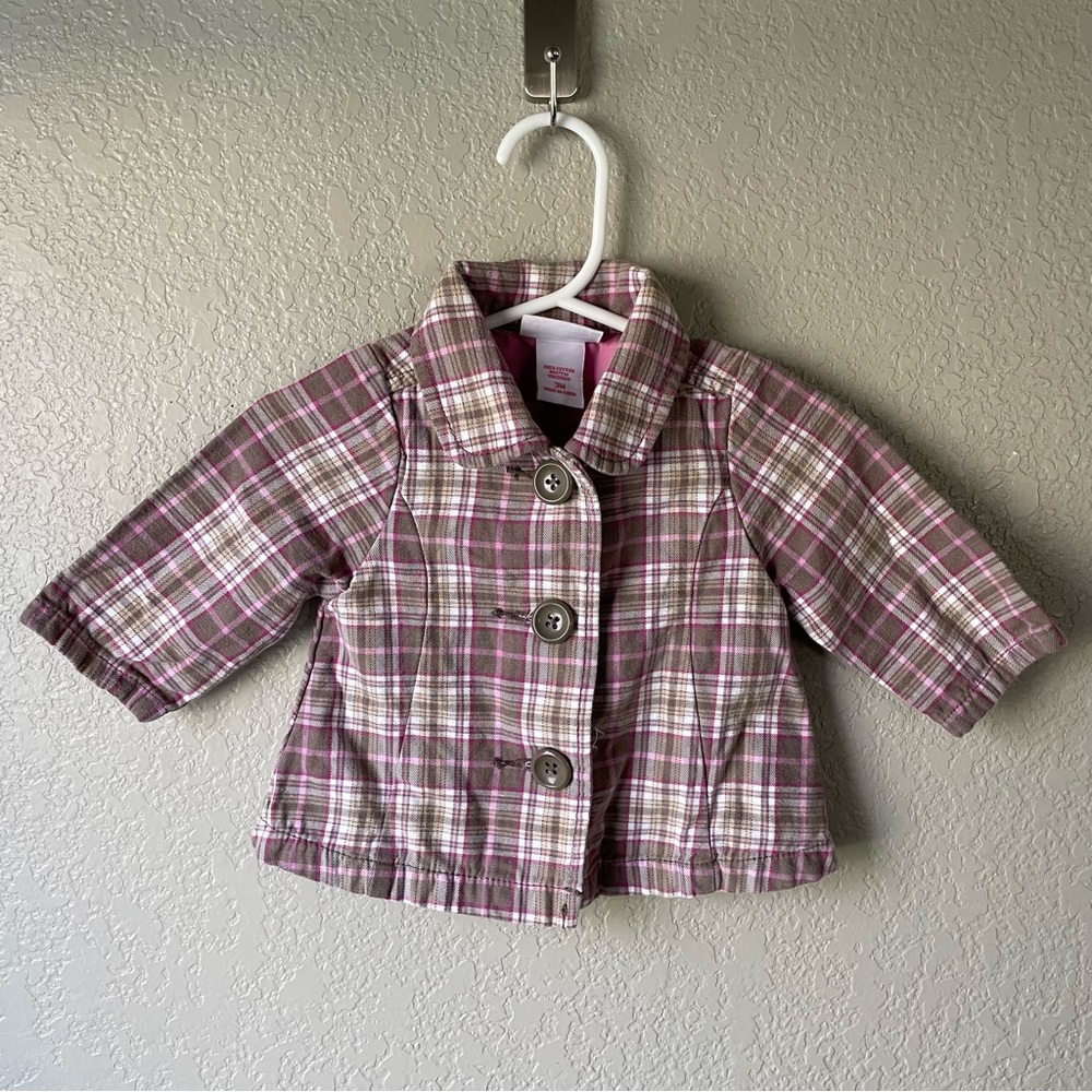OshKosh Baby Girl 3M 100% Cotton Pink Brown Plaid Pea Coat Casual Preppy 90s Y2K